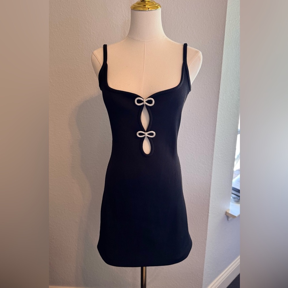MACH & MACH Crystal Bow Ribbed Black Mini Dress - Picture 5 of 16